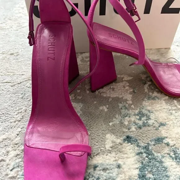 Schutz Avva Pink Suede Block Heel Sandals | Size 8.5 - Picture 3 of 5